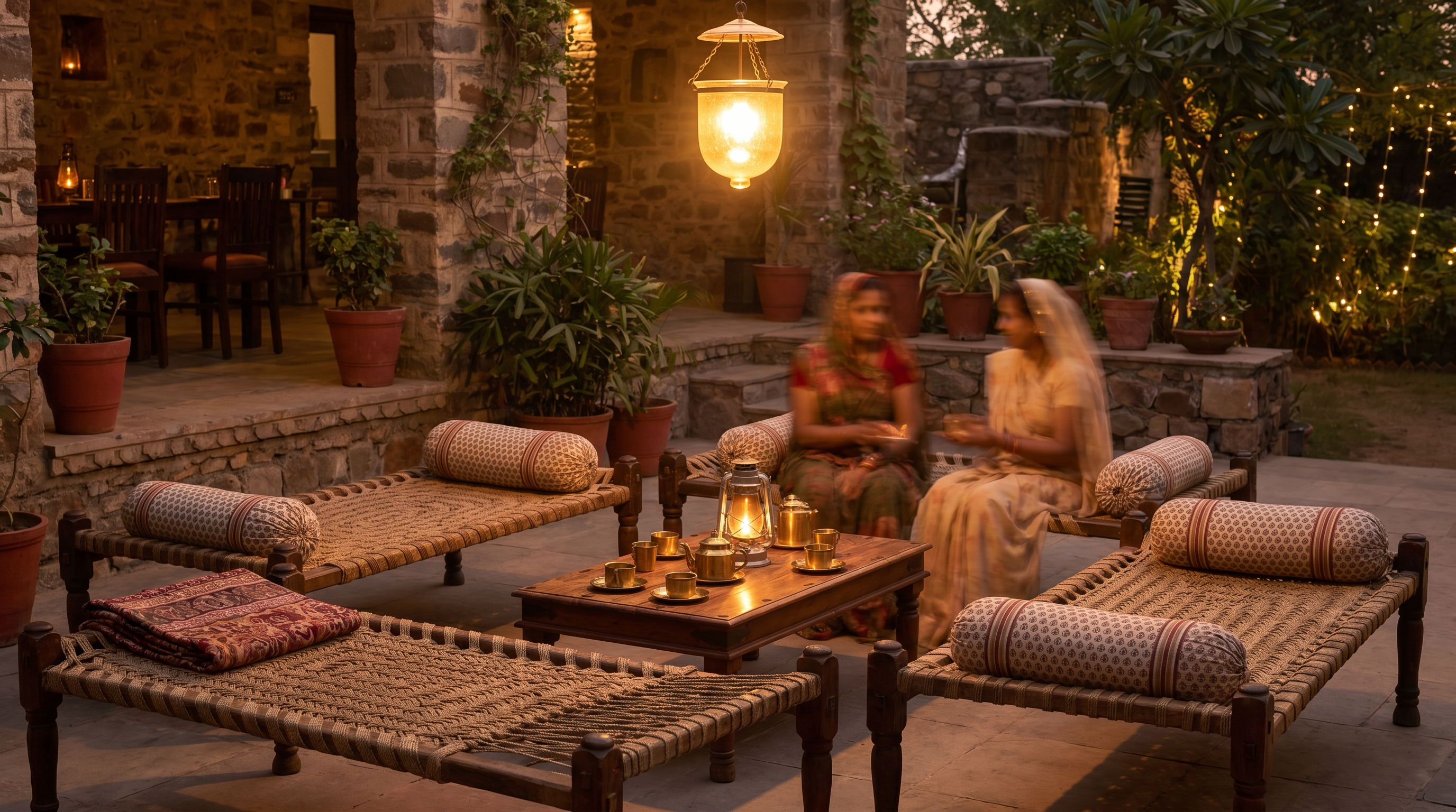 Khaat seating zone — low woven cots, warm light