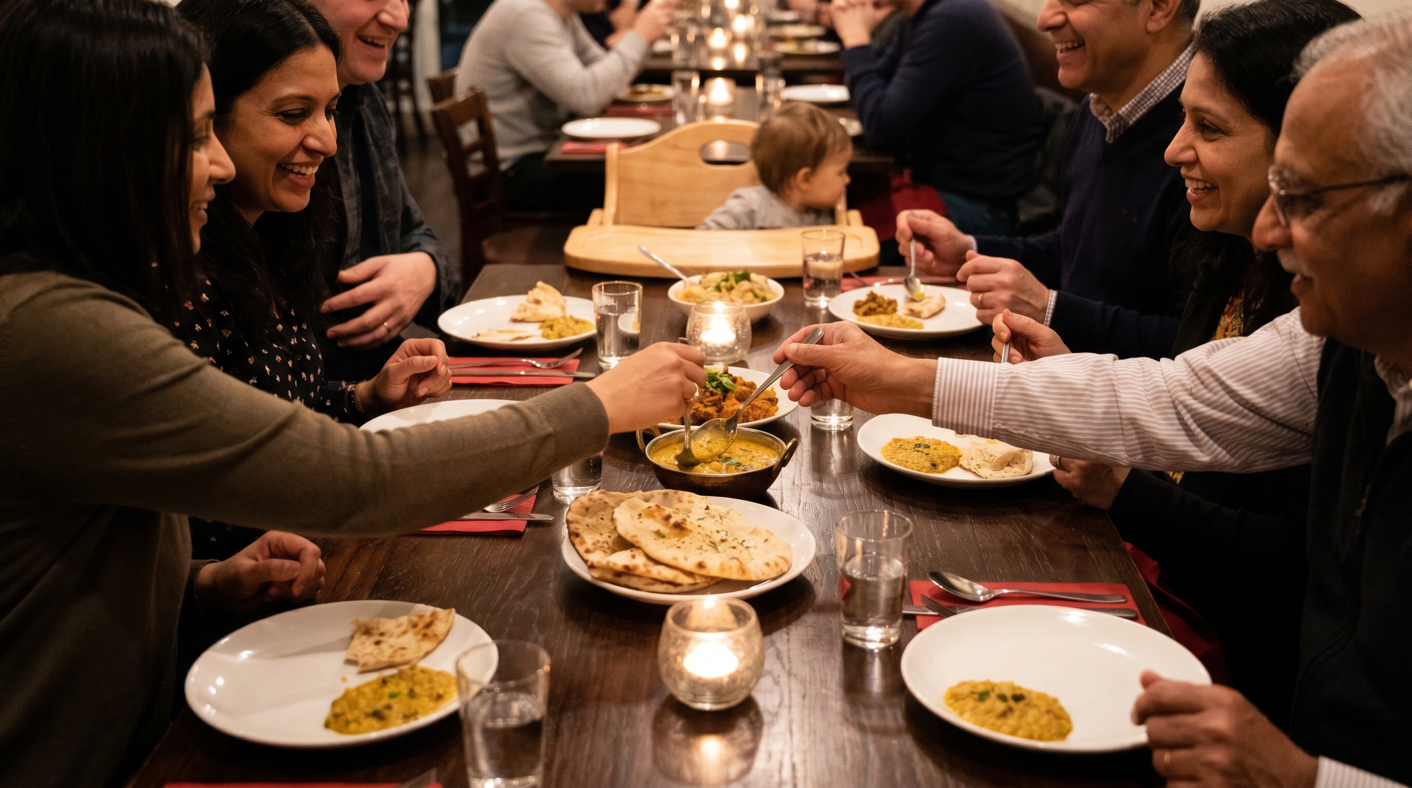 Family dining — high chair, kids, candlelight