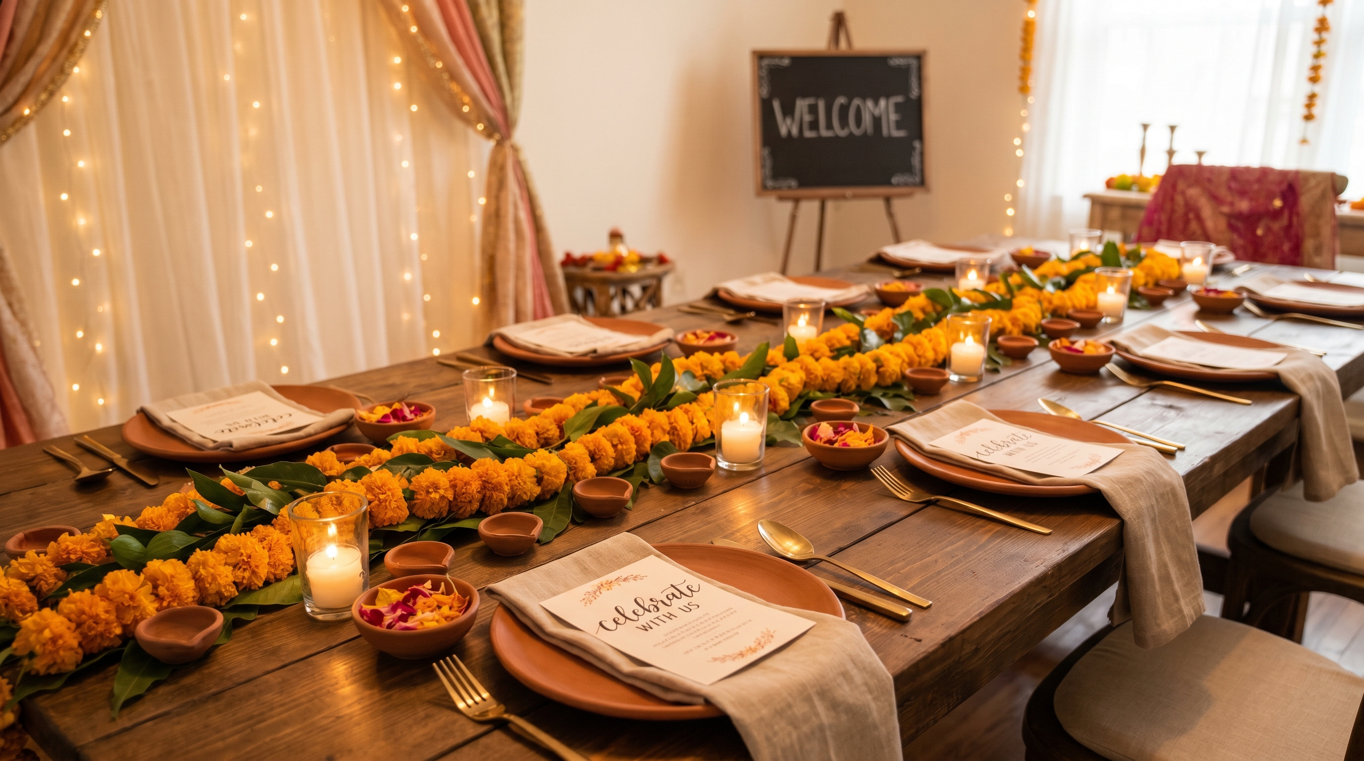 Celebration corner — set table, marigold, soft glow